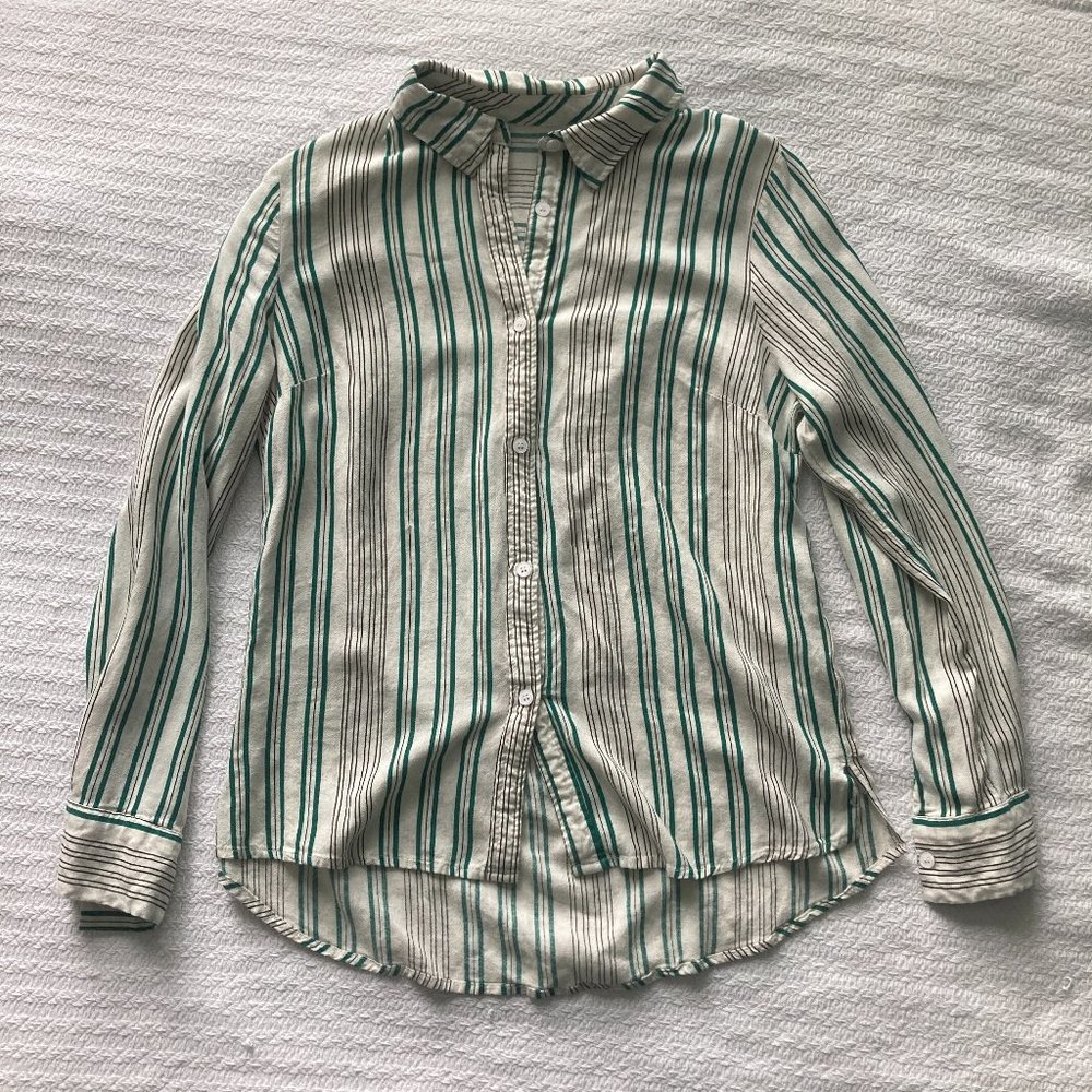 Need Supply linen blend neutral shirt with green & black stripe